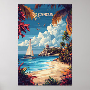 Affiche Love Cancun Mexique Art Vintage Illustration Voyag