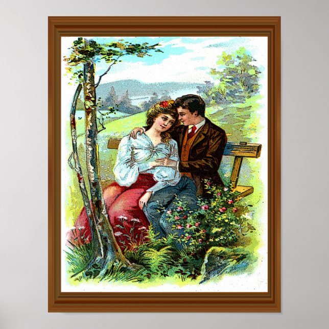 Affiche Love Couple Vintage Hugging Banc Floral (Devant)