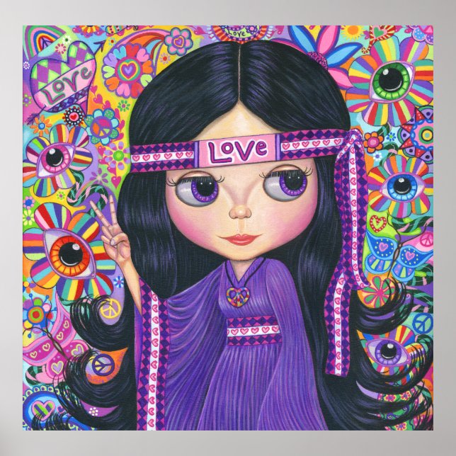 Affiche Love Headband Hippie fille poupée violet psychédél (Devant)