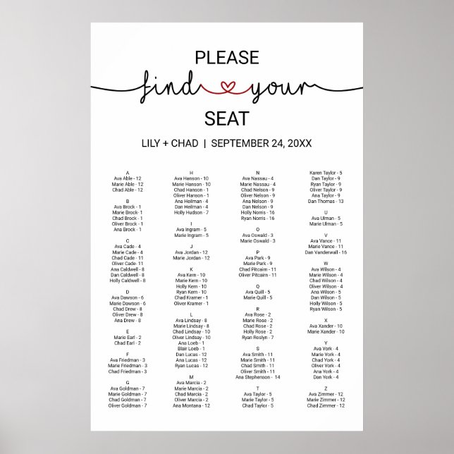 Affiche Love Hearts | Red Seating Chart (Devant)