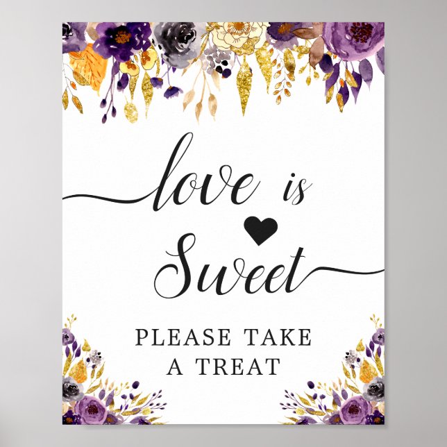 Affiche Love is Sweet Calligraphy Script Floral violet (Devant)