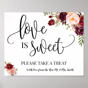 Affiche Love is Sweet panneau de table de mariage marsala