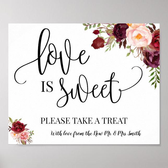 Affiche Love is Sweet panneau de table de mariage marsala (Devant)