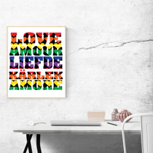 Affiche Love Many Languages Rainbow Hearts