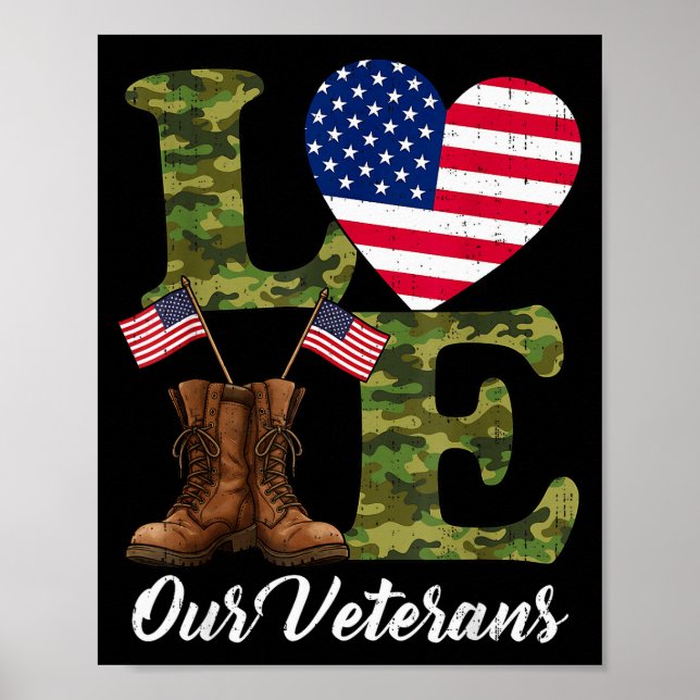 Affiche Love Our Veterans Usa Flag Heart Patriotic Army Mi (Devant)