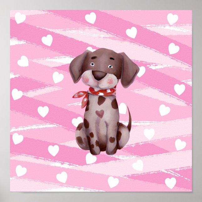 AFFICHE "LOVE PUPPY" AUX COEURS ROSE ET BLANC (Devant)