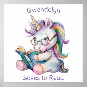 Affiche Love Reading Cute Unicorn Eyeglass Purple Text