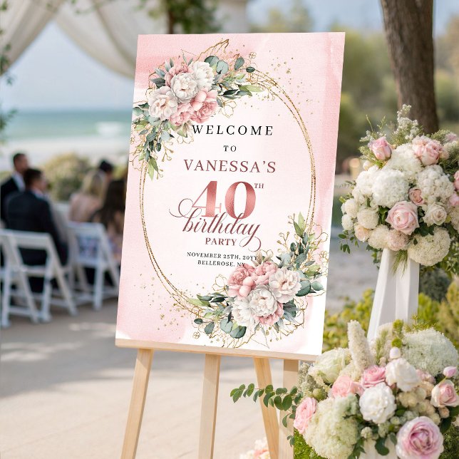 Affiche Lovely Boho Dusty Pink Greenery 40th Birthday   (Lovely Boho Dusty Pink Greenery 40th Birthday Welcome)