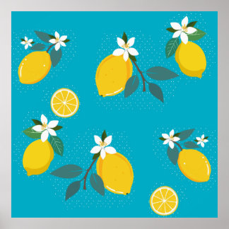 Affiche lovely lemons yellow lemons, on blue background 