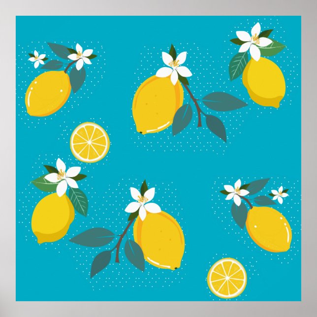 Affiche lovely lemons yellow lemons, on blue background  (Devant)