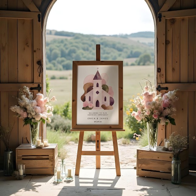 Affiche Lovely Rustic Pink Tones Church Wedding (Lovely Rustic Pink Tones Church Illustration Wedding Welcome Sign Poster Designs.)
