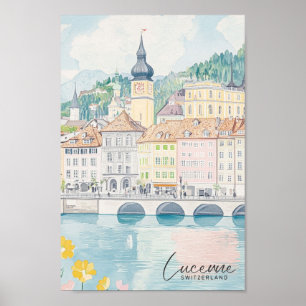 Affiche Lucerne Suisse Gouache Illustration Voyage