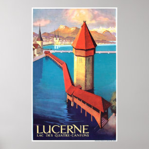 Affiche Lucerne, Suisse, vue sur le lac et une tour,