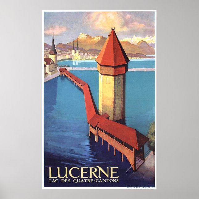 Affiche Lucerne, Suisse, vue sur le lac et une tour, (Devant)