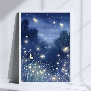 Affiche Lucioles la Nuit   Luciole Bleu Aquarelle