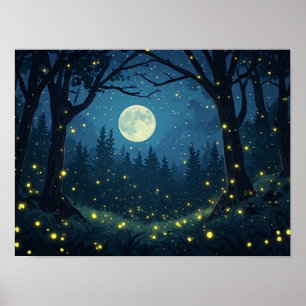 Affiche Lucioles lumineuses dans la forêt au clair de lune