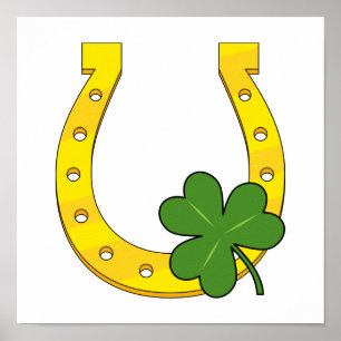 Affiche Lucky Golden Horseshoe avec Shamrock en blanc