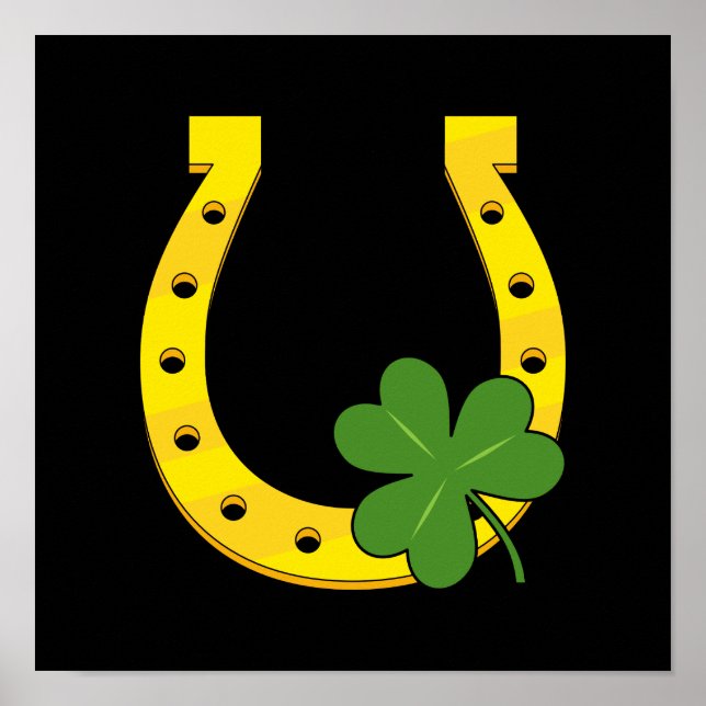 Affiche Lucky Golden Horseshoe avec Shamrock sur noir (Devant)