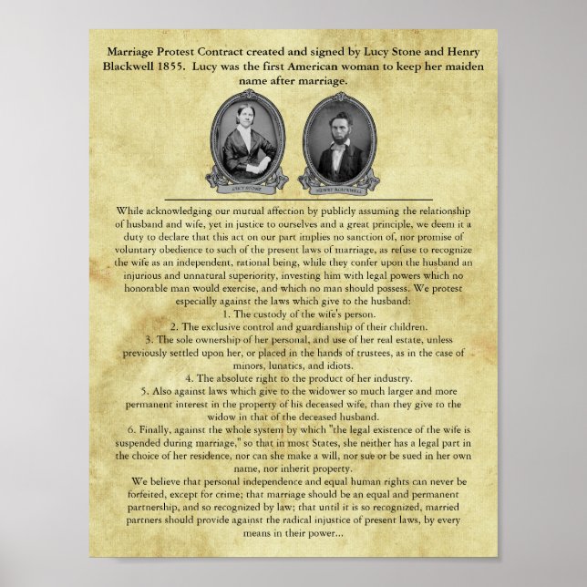 Affiche Lucy Stone Mariage Contrat Suffrage Droits Civils (Devant)