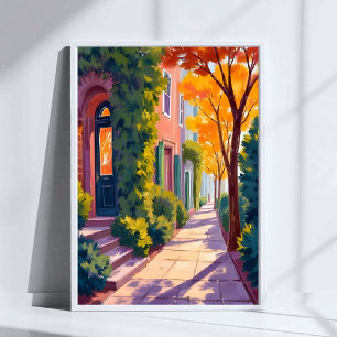 Affiche Lueur de rue de la ville d'automne Aquarelle aut