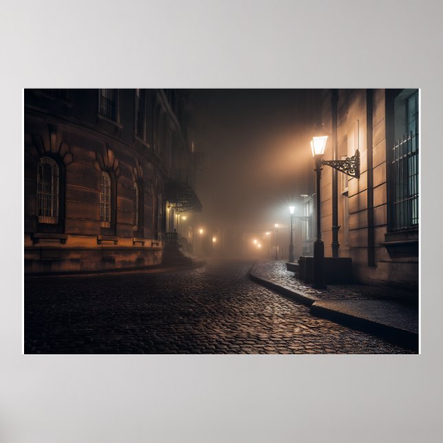 Affiche Lueur d'une ruelle pavée victorienne brumeuse (Devant)