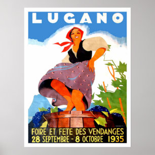 Affiche Lugano, Italie, fille fait du vin, millésime