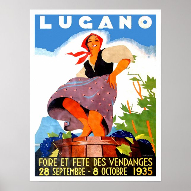 Affiche Lugano, Italie, fille fait du vin, millésime (Devant)