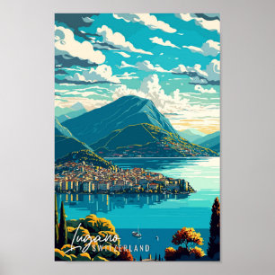 Affiche Lugano Suisse Illustration de voyage artisanale