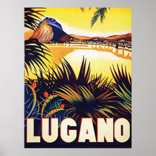 Affiche Lugano, Suisse, vue sur la côte, vintage