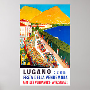 Affiche Lugano, vue aérienne. Foule de gens au festival du