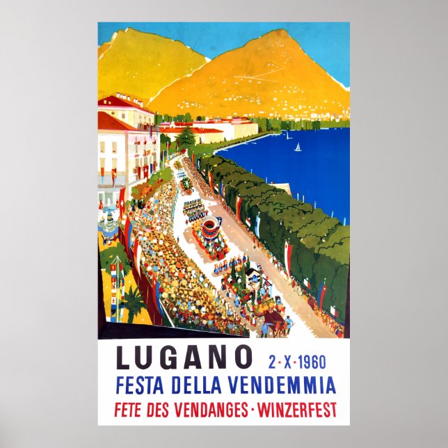 Affiche Lugano, vue aérienne. Foule de gens au festival du (Devant)