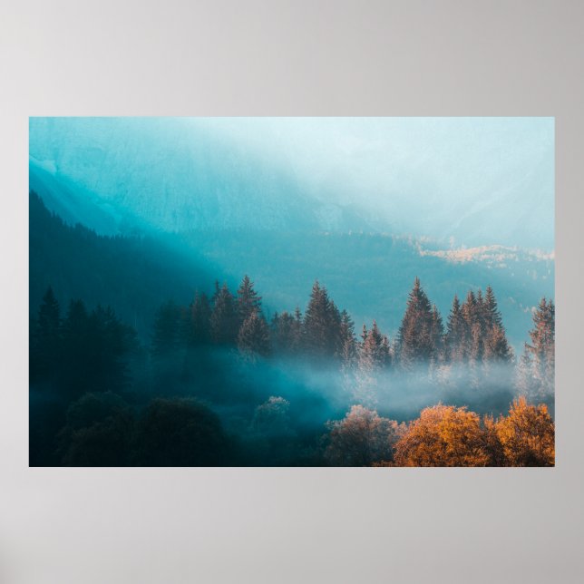 Affiche Lumière brillante sur la forêt d'automne brumeuse (Devant)