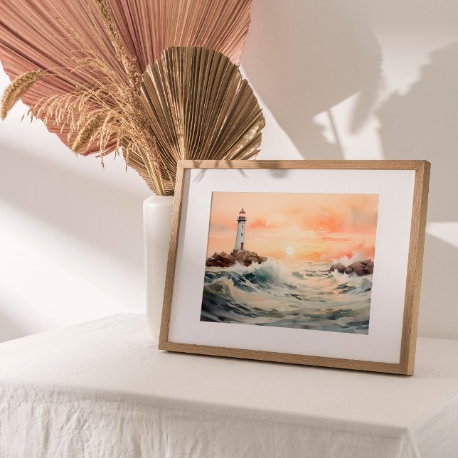 Affiche Lumière de guidage : Aquarelle de phare (Embark on a coastal charm journey with a captivating watercolor painting.)