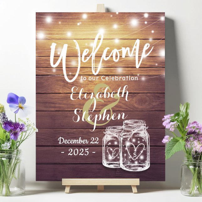 Affiche Lumière de mariage de pot de maçon en bois rustiqu (Créateur téléchargé)