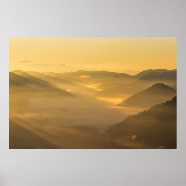 Affiche Lumière du soleil brillant sur le brouillard matin (Devant)