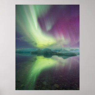 Affiche Lumières d'Aurore dans la lagune Jokulsarlon, Is