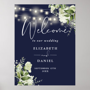 Affiche Lumières de Chaîne Bleu Marine Fleurie Mariage Acc