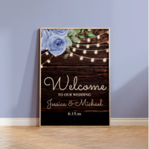Affiche Lumières de Chaîne Rustiques Fleurs Bleues Mariage