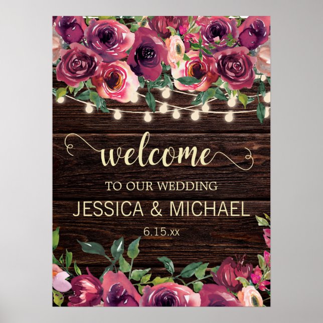 Affiche Lumières de Chaîne Rustiques Mariage Floral Rose B (Devant)