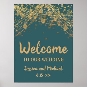 Affiche Lumières de chaîne sarcelle dorée Bokeh Mariage Bi