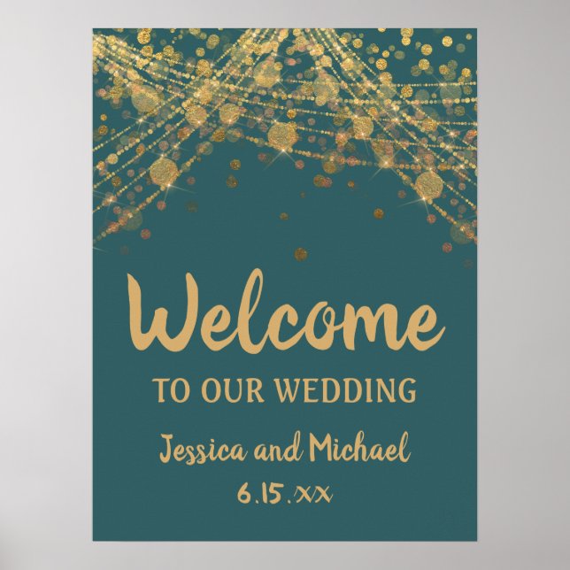 Affiche Lumières de chaîne sarcelle dorée Bokeh Mariage Bi (Devant)