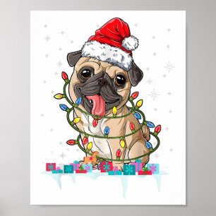 Affiche Lumières de sapin de Noël Pug Santa Cadeaux de Noë