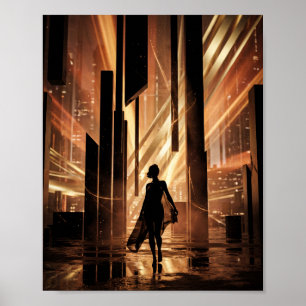 Affiche Lumières dorées Ville Silhouette Art numérique