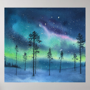 Affiche Lumières du Nord, aquarelle