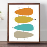 Affiche Lumineuses Teardrops et Lignes du milieu du siècle<br><div class="desc">Cette affiche du milieu du siècle,  très chère,  présente 4 formes en larme sur des lignes noires,  turquoise,  orange,  bronzée et dorée. Si vous cherchez un style pour égayer vos murs,  c'est tout !</div>