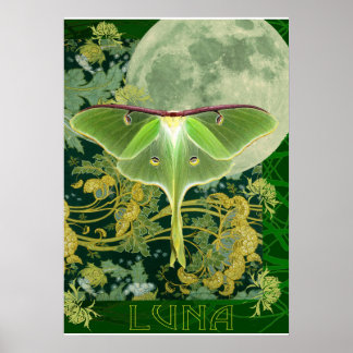 Affiche Luna Moth and Moon Poster, Green Nature Collage