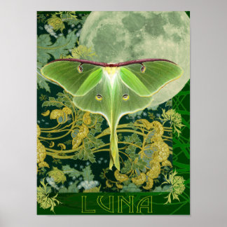 Affiche Luna Moth and Moon Poster, Green Nature Collage Po