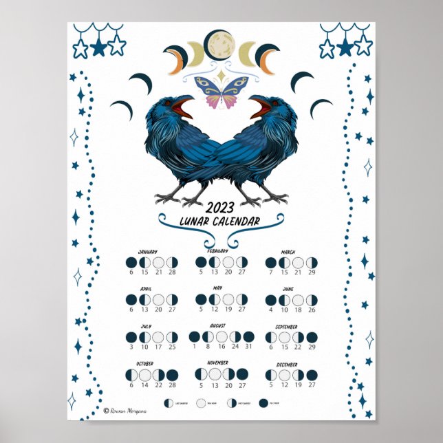 Affiche LUNAR CALENDAR 2023, Crow Moon, Wicca Witch Moon  (Devant)