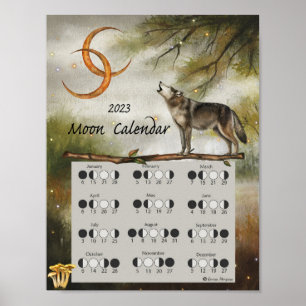 Affiche LUNAR CALENDAR 2023, Wolf Moon Dark Forest, Wicca