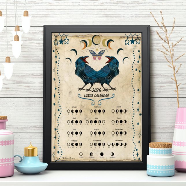 Affiche LUNAR CALENDAR 2026,  Crow Moon, Wicca Witch Moon (Frame it and place it on your altar.)